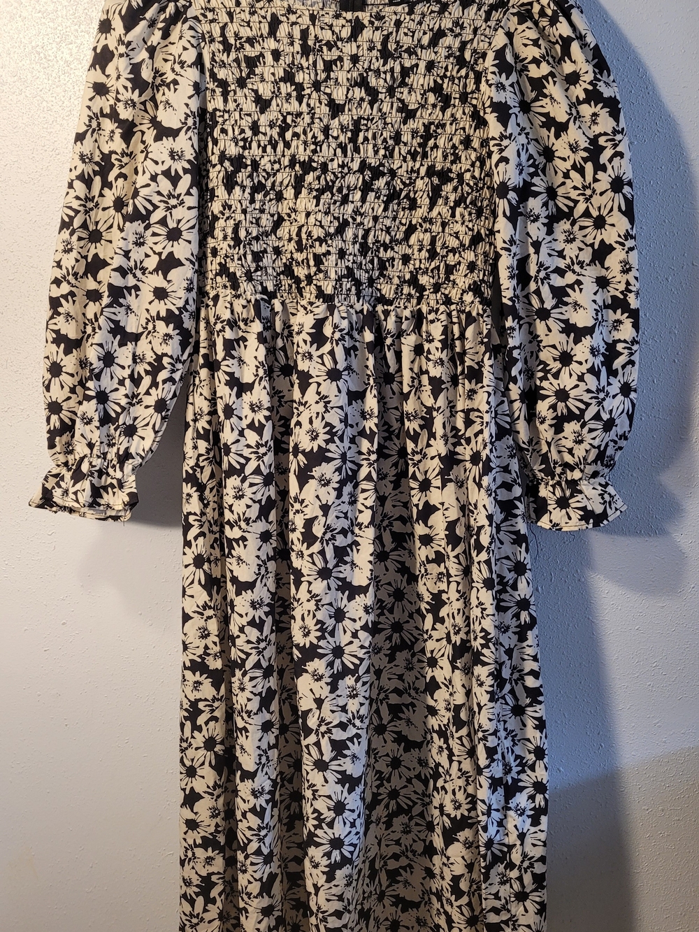 Black & White Floral Smocked Maxi Dress with Puff Sleeves